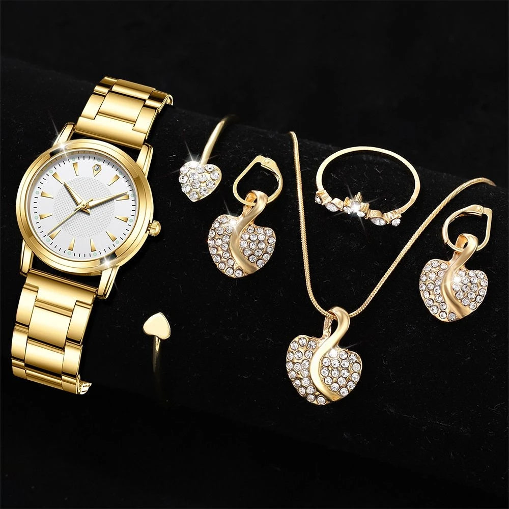Women Ring Necklace Earring Rhinestone Fashion Wristwatch