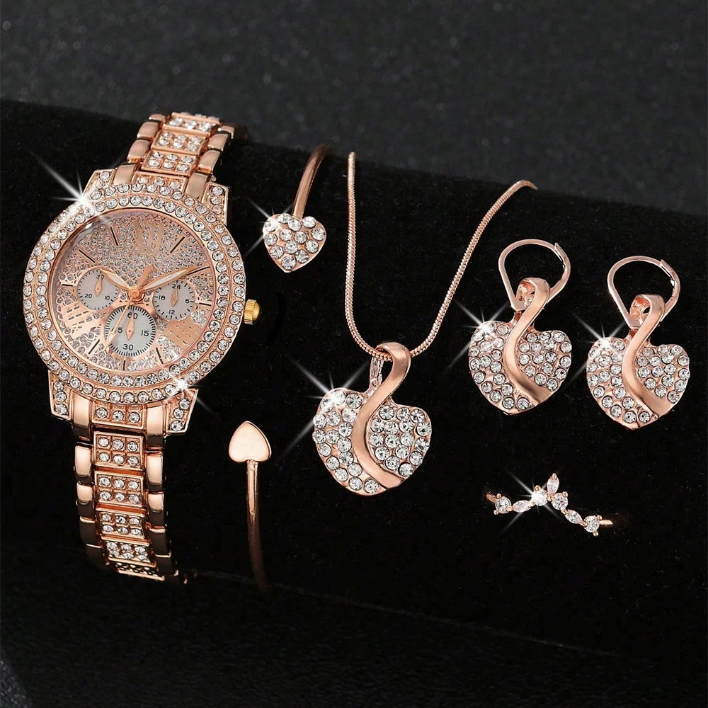 Women Ring Necklace Earring Rhinestone Fashion Wristwatch