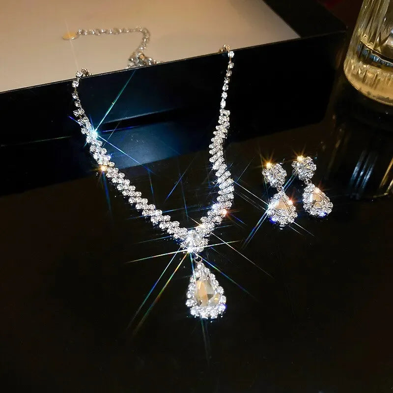 3 Pieces Of Fashionable Women's Water Drop Necklaces And Earrings Set For Wedding Season, Banquet And Party Accessories-2910