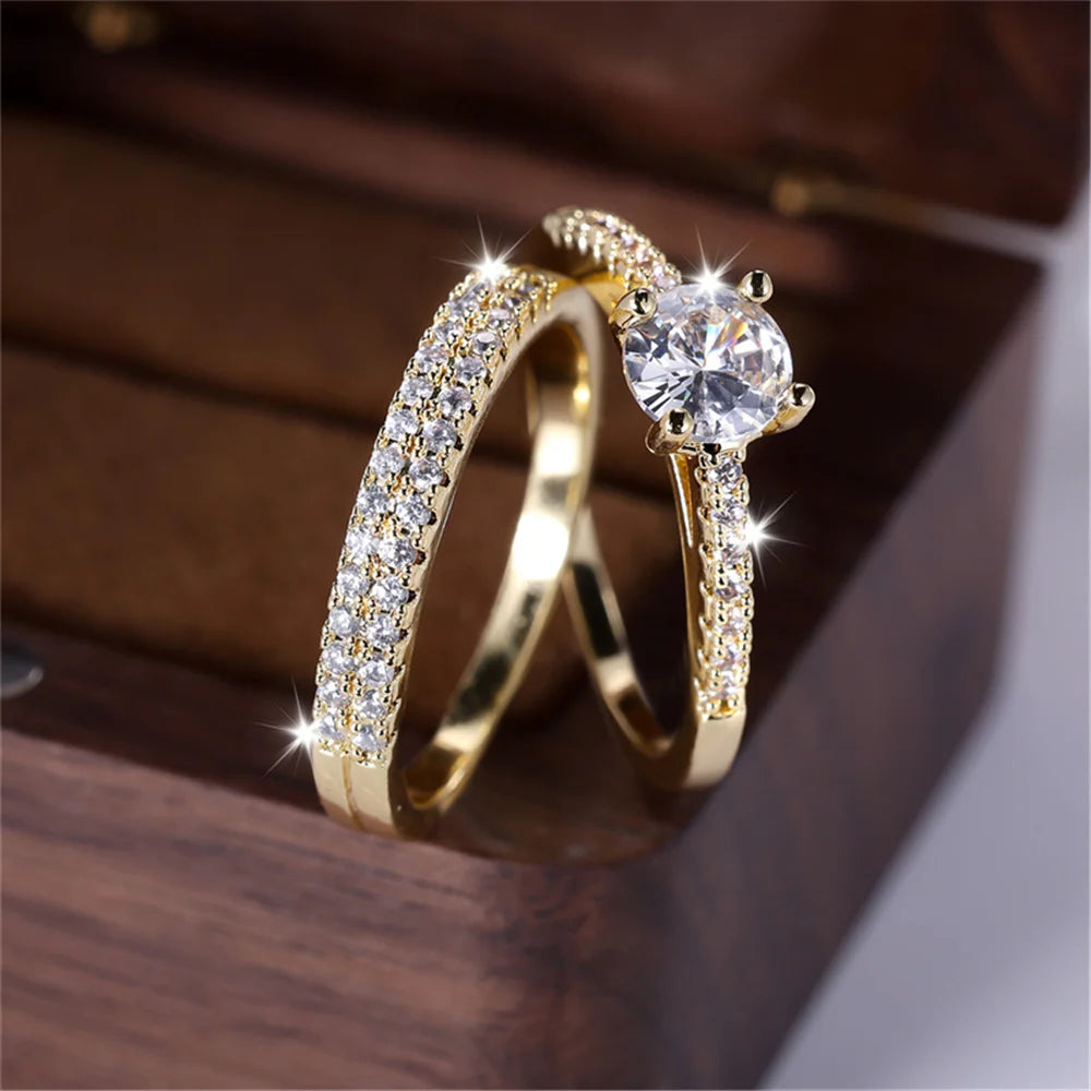 Luxury Gold CZ Ring Set