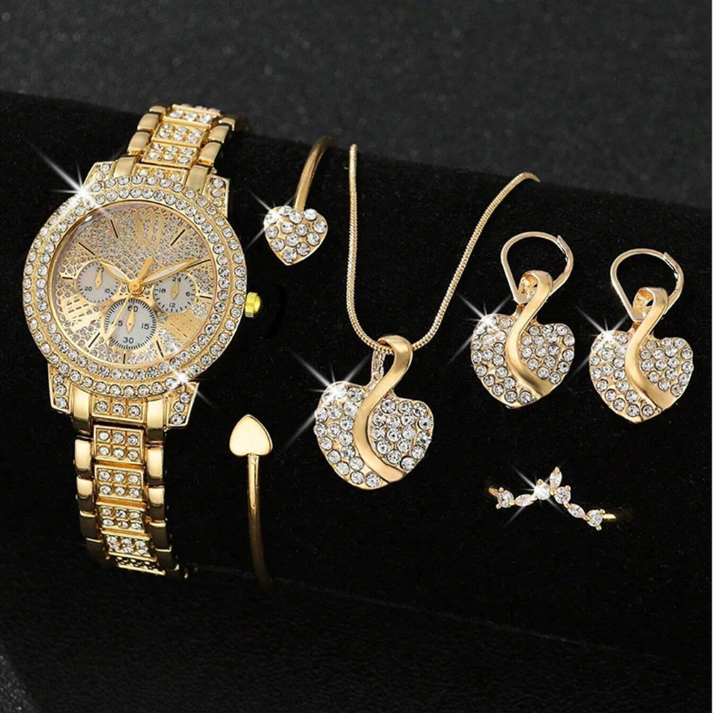 Women Ring Necklace Earring Rhinestone Fashion Wristwatch
