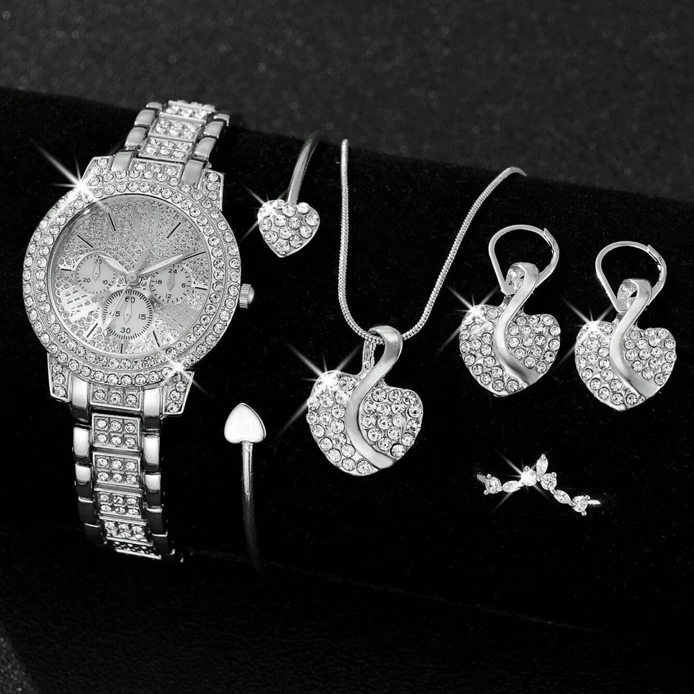 Women Ring Necklace Earring Rhinestone Fashion Wristwatch